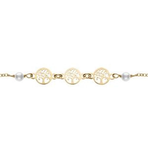 Bracelet Argent Doré Motif Arbre De Vie Et Perles Imitation Blanche 16+3cm