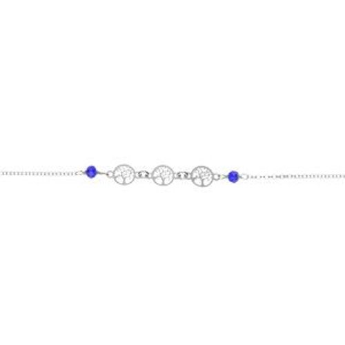 Bracelet Argent Rhodié Motifs Arbre De Vie Et Perles Imitation Bleues 16+3cm