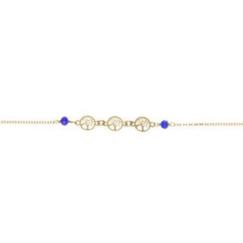 Bracelet Argent Doré Motifs Arbre De Vie Et Perles Imitation Bleues 16+3cm
