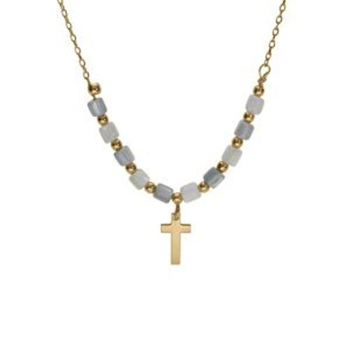 Collier Argent Doré Croix Avec Perles Nacre Véritable Blanche Et Teintée Bleu 40+5cm