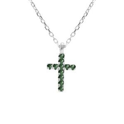 Collier Argent Rhodié Pendentif Croix Oxydes Vert 42+3cm