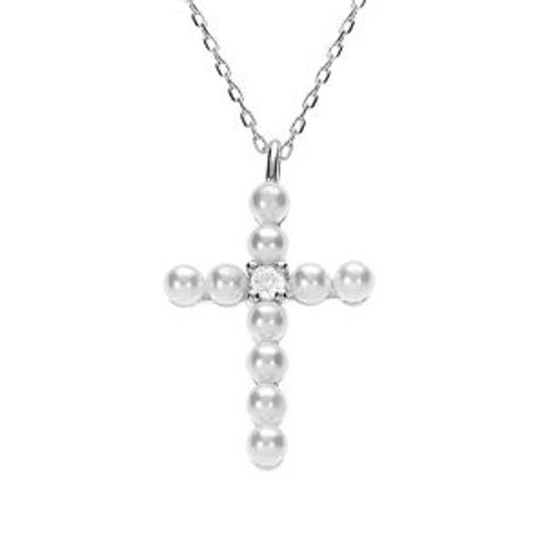 Collier Argent Rhodié Pendentif Croix Avec 1 Oxyde Blanc Et Perle Blanche Imitation 42+3cm