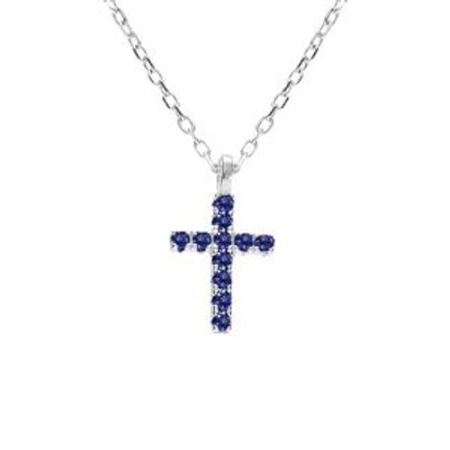 Collier Argent Rhodié Pendentif Croix Oxydes Bleu 42+3cm