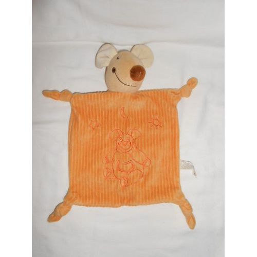 Doudou Plat Carré En Velours Orange Brodé Souris Beige Jja 4 Noeuds Lune Soleil Etoile