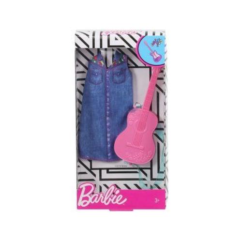 Barbie - Habit Poupee Mannequin - Robe Bleue Avec Guitare Rose - Vetement - Tenue - Accessoire