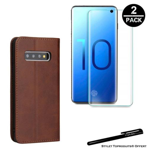 Etui Portefeuille Marron Foncé Pour Samsung Galaxy S10 Plus Housse À Fermeture Magnétique Et 2 Verres Trempés 3d Avec Stylet Toproduits®