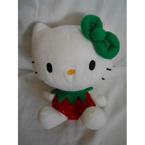 Hello Kitty Peluche Chat Habit Fraise Avec Ailes Sanrio Jemini Col Noeud Fleur Vert Nez Jaune Assis 20cm