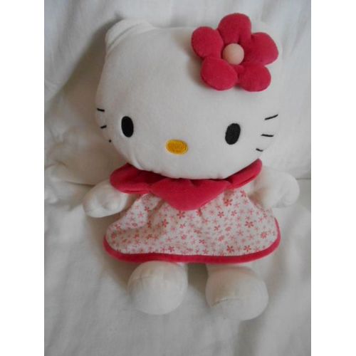 Hello Kitty Robe Fleur Rose Peluche Jemini Sanrio Chat Doudou Nez Jaune Col Rose Fushia 30cm