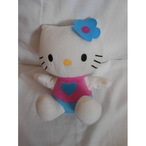 Doudou Chat Peluche Hello Kitty Fleur Coeur Bleue Rose Fushia Nez Jaune 20cm Assis Jemini Sanrio