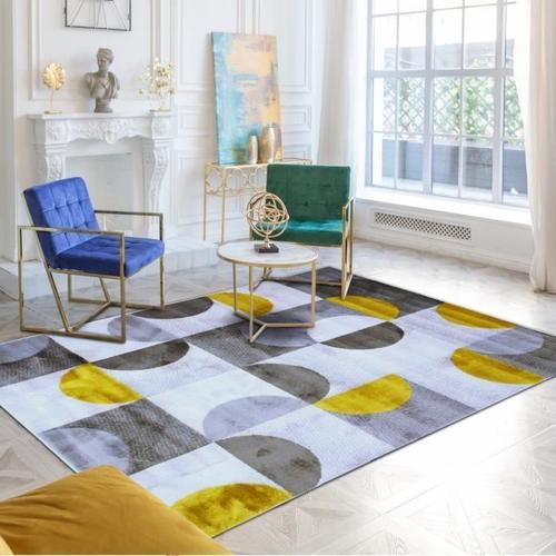 MODERN - Tapis motifs arcs de cercle et carrés gris, jaune et crème 133x170