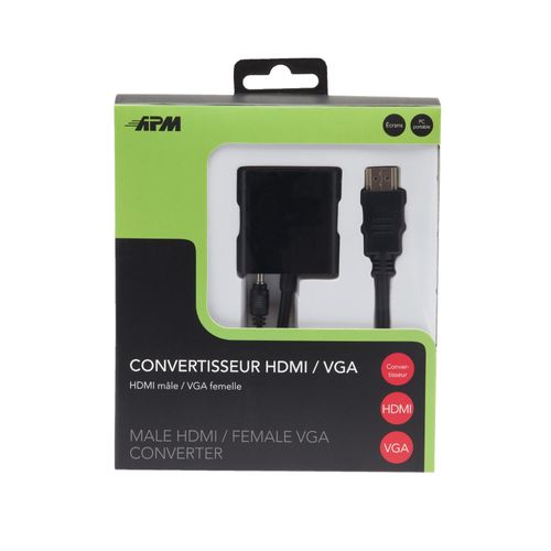 APM - Adaptateur vidéo - HDMI mâle pour HD-15 (VGA), jack mini - 10 cm - noir - support 1080p, vis moletées