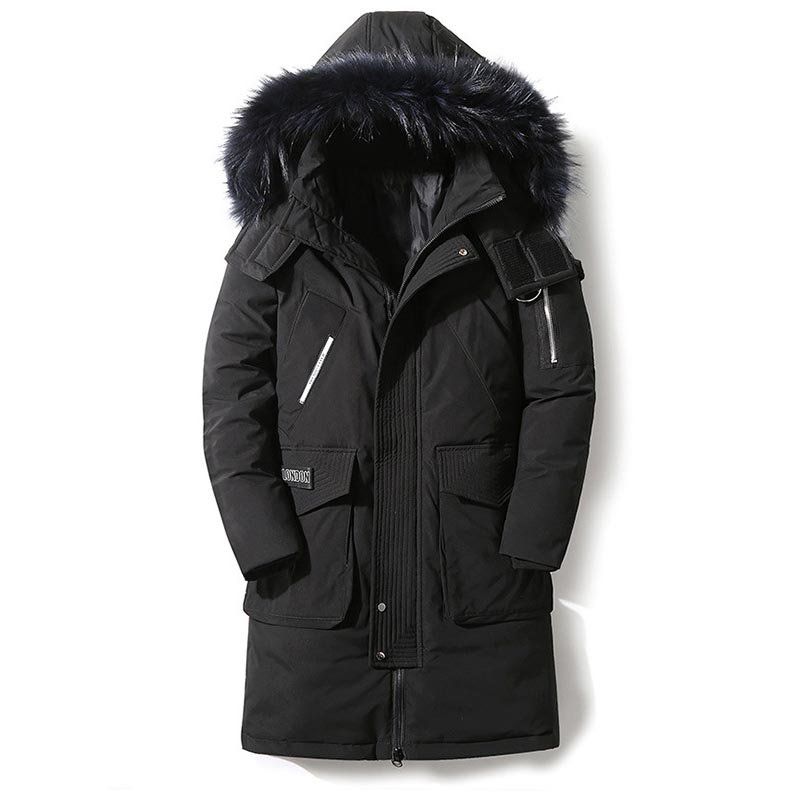 Parka Hiver Capuche Homme Fausse Fourrure Veste Chaude Mi Longue Epaisse Couleur Unie