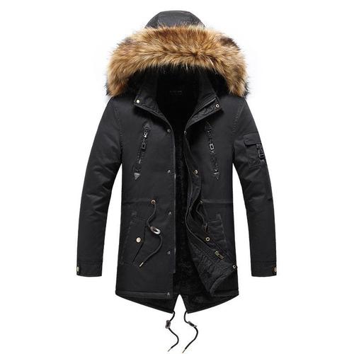 Parka Capuche Fausse Fourrure Homme Hiver Mi Longue Veste Chaude Epaisse Couleur Unie