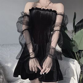 Envoie De France Robe Femme Nugoth Noire Manche Long Transparentes Bouffantes Gothique Punk Rock Pink Velours Epaules Nues Plissées