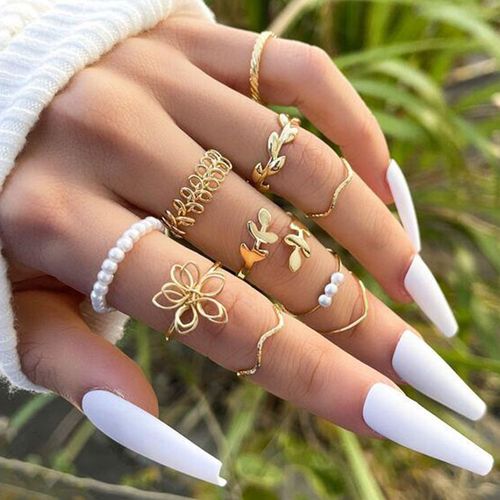 Ensemble D'anneaux De Documents En Or Perle Pour Femmes, Matiques Papillon Vintage, Bague Coeur Géométrique, Bijoux Évidés, Accessoires Chimkpop