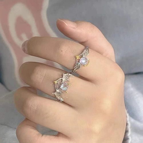 Bagues De Couple Avec Ailes D'ange Et De Démon Romantiques Pour Femmes, Anneau Avec Pierre De Lune Ajustable, Doigt D'ouverture, Bijoux De Fête