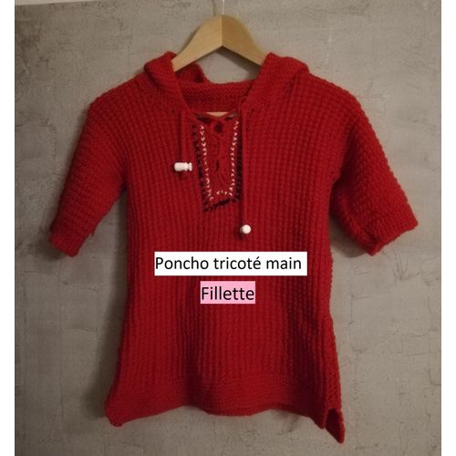Poncho Manteau Avec Capuche - Tricoté Main - 8/10 Ans