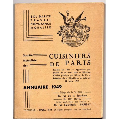Annuaire 1949 De La Société Mutualiste Des Cuisiniers De Paris