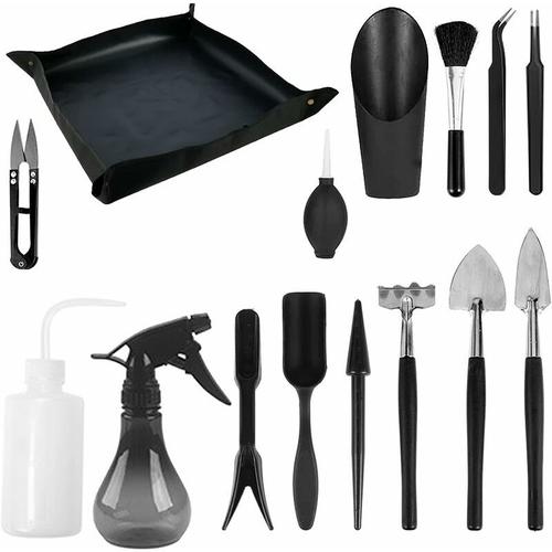 Kit d'Outils pour Plantes Grasses, 14 Mini Outils de Jardin à Main + 1 Tapis de Rempotage, Râteau pour Plantes d'Intérieur, Outils à Main de Jardinage, noir goodnice