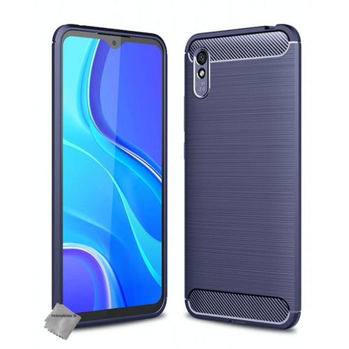 Housse Etui Coque Silicone Gel Carbone Pour Xiaomi Redmi 9a + Verre Trempe - Bleu Fonce