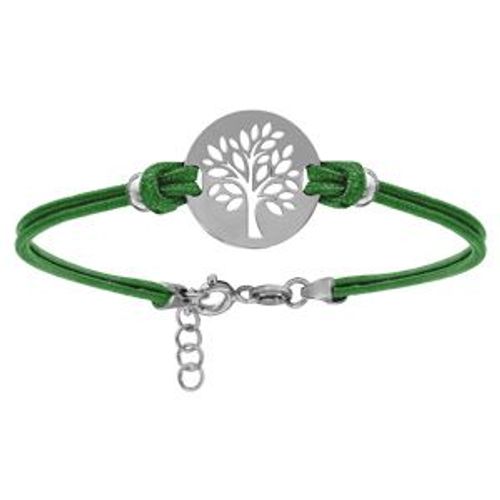 Bracelet Argent Rhodié Cordon Double Vert Interchangeable Rondelle Gravure Arbre De Vie 16+3cm