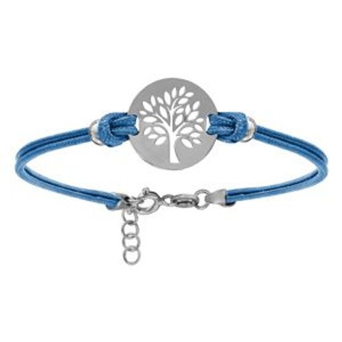Bracelet Argent Rhodié Cordon Double Bleu Ciel Interchangeable Rondelle Gravure Arbre De Vie 16+3cm