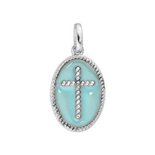 Pendentif Argent Rhodié Ovale Croix Sur Fond Résinr Bleu Ciel