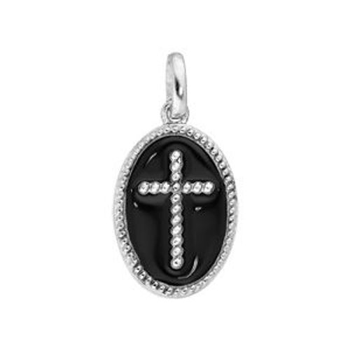 Pendentif Argent Rhodié Ovale Croix Sur Fond Noir Oxydes Blancs Sertis