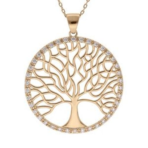 Collier Plaqué Or Arbre De Vie 30mm Contour Oxydes Blancs Sertis 42+3cm