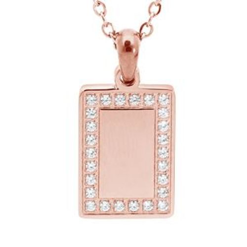 Collier Acier Et Pvd Rose Pendentif Rectangulaire Contour Oxydes Blancs 38+7cm
