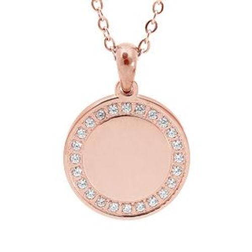 Collier Acier Et Pvd Rose Pendentif Cercle Contour Oxydes Blancs 38+7cm