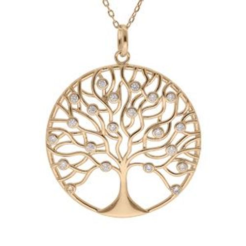 Collier Plaqué Or Arbre De Vie 30mm Oxydes Blancs Sertis 42+3cm