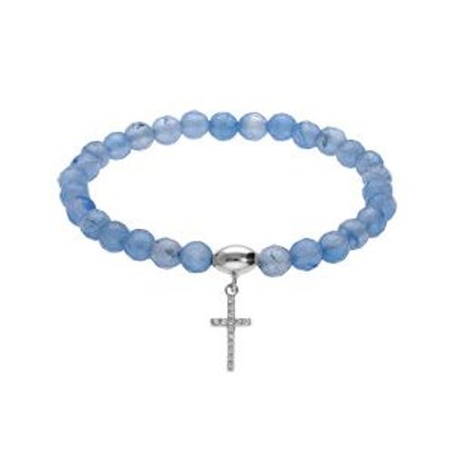 Bracelet Argent Rhodié Extensible Pierres Naturelles 6mm Agate Bleu Clair Avec Croix 15mm Oxydes Blancs