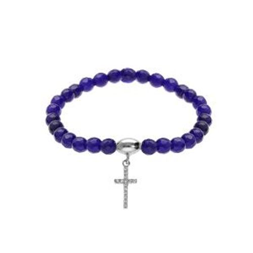 Bracelet Argent Rhodié Extensible Pierres Naturelles 6mm Agate Bleu Foncé Avec Croix 15mm Oxydes Blancs