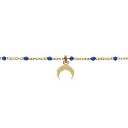 Bracelet Argent Et Dorure Jaune Boules Résine Bleu Foncé Avec Demi Lune 15+3cm