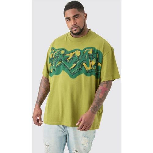 Plus Oversized Extended Neck Graffiti Spray T Shirt Homme - Kaki - Xxxxxl, Kaki