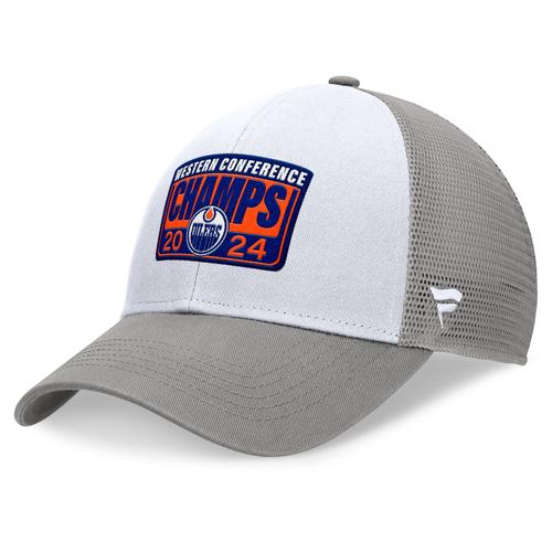 Fanatics Pour Hommes, Gris/Blanc, Edmonton Oilers, Champions De La Conférence De L'ouest 2024, Casquette Ajustable Structurée En Meshback Pour Vestiaire