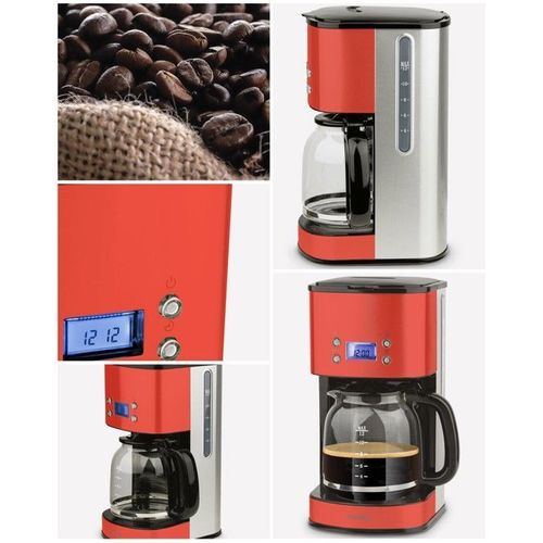 Cafetière Inox Rouge 12 Tasses 1000w Programmable 1.5l Rouge Écran Lcd