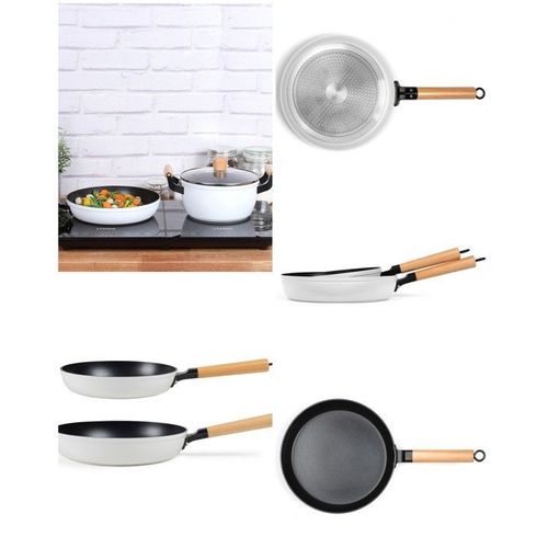 Set De 2 Poêles Blanches Poignées Bois Haute Qualite - Mep134w 24 Cm Et 28 Cm