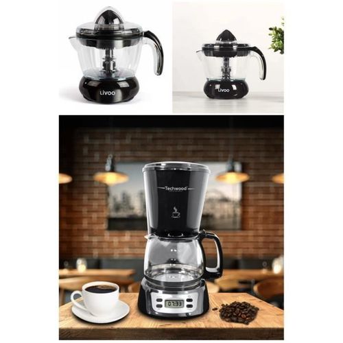 Cafetière Électrique Noire Programmable 6 Tasses 650w Fonction Maintien Au Chaud + Presse Fruit Agrumes Electrique Noir 700ml