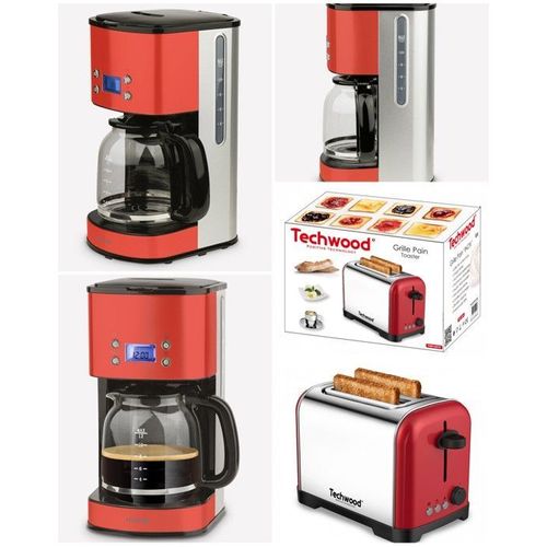 Cafetière Inox Rouge 12 Tasses 1000w Programmable 1.5l Rouge Écran Lcd + Grille-Pain Inox Rouge 700w