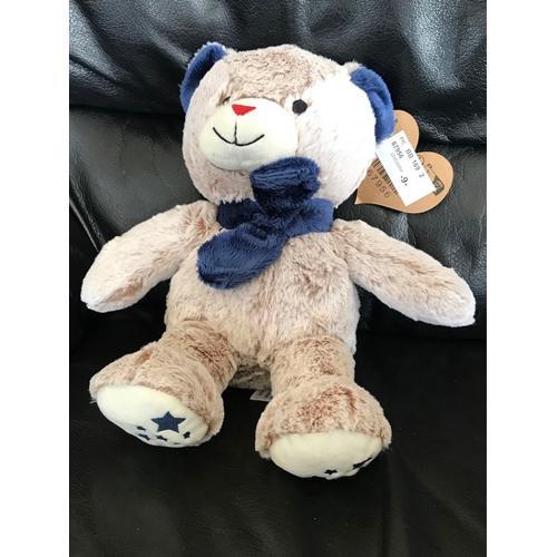 Peluche Doudou Ours Francoise Saget Marron Echarpe Bleu Coeur Rouge 30cm