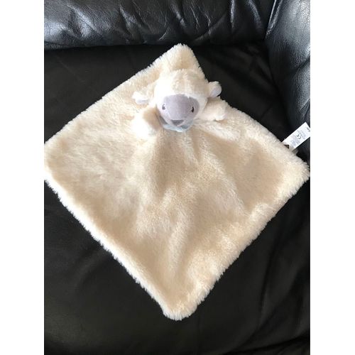 Doudou Plat Tex Baby Mouton Ecru Gris Foulard Bleu Grelot Carre 30cm*30cm
