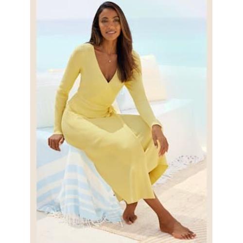 Robe Longue Cache-C?ur En Tricot - - Jaune