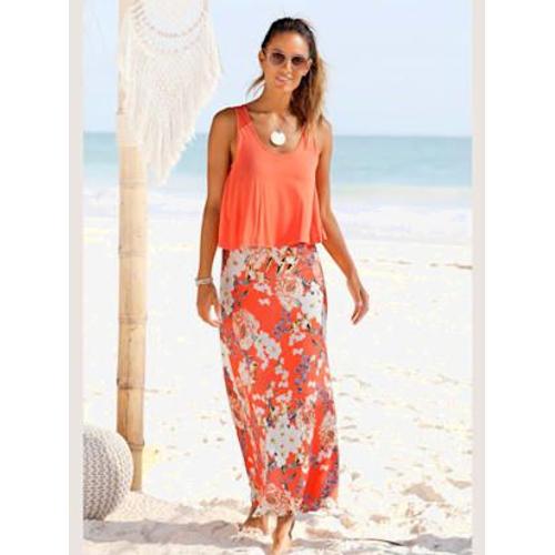 Robe Longue Larges Bretelles - - Corail Imprimé