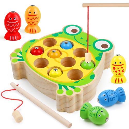 Jouets De Jeu De Pêche Magnétiques En Bois Pour Les Tout-Petits, Aimants De Grenouille En Bois, Jouets De Pêche, Puzzle De Tri De Couleurs Montessori Préscolaire