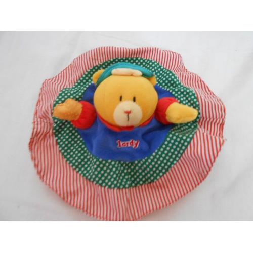 Doudou Ours Marionnette Lardy Rond Raye Rouge Vers Pois Blanc Bleu Jaune Grelot Plat Lavancia