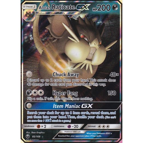 Carte Pokemon - Alolan Raticate Gx ( Rattatac D'alola Gx ) - Ultra Rare - 85/168 - Soleil Et Lune 7 Tempête Céleste - Version Anglaise