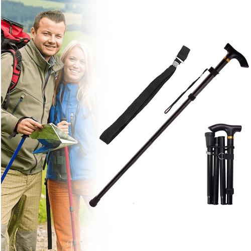 Noir Batons De Marche Pliables,Baton De Marche,Baton De Randonnée,Poignée Confortable,Canne De Marche Tout Terrain Avec Poignée En Bois,Batons De Marche Pliables Pour Hommes Et Femmes+Cordon,Noir