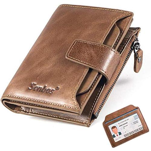 Marron Clair Portefeuille Homme en Cuir Véritable, Porte-Monnaie avec Blocage RFID, 18 Porte Carte Crédit, 2 Compartiment à Billets et Support de Carte d'identité Amovible, Poche à Monnaie avec